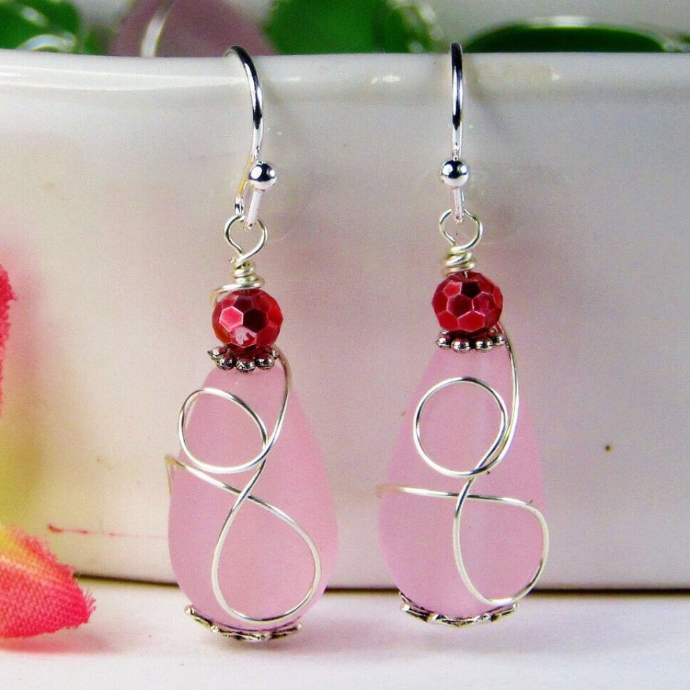 Pink Sea Glass Wire Wrapped Earrings